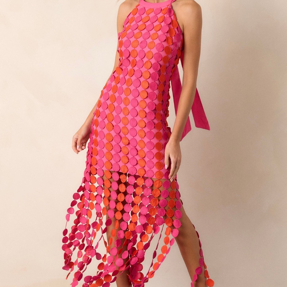 Red Dress Dream Avenue Hot Pink Fringe Halter Top Midi Dress Size LL / Hot Pink
